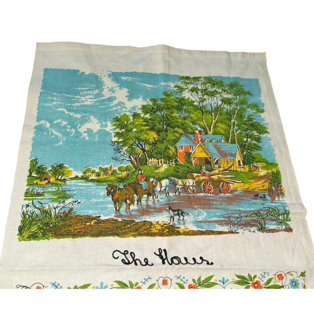 Vintage 1972 The Haus Linen Tea Towel Calendar Horse Wagon Farm Folk Art Dutch